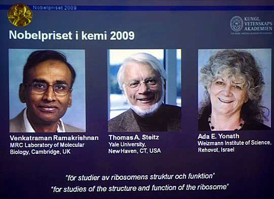 2009年诺贝尔化学奖获得者-万卡特拉曼-莱马克里斯南、托马斯-施泰茨和阿达-尤纳斯（从左至右）